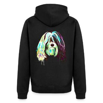 Splash Tibet Terrier Hund - Unisex Premium Bio Zip Hoodie - Schwarz - Hinten - Nico (187cm)