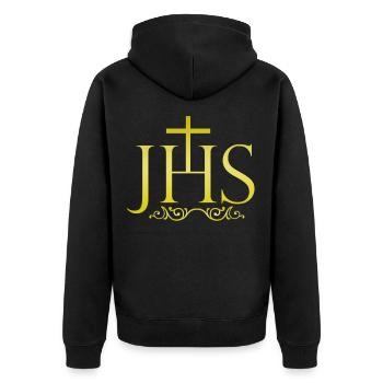 JHS Jesus Christus Christentum Gott Religion Kirche - Unisex Premium Bio Zip Hoodie - Schwarz - Hinten - Nico (187cm)