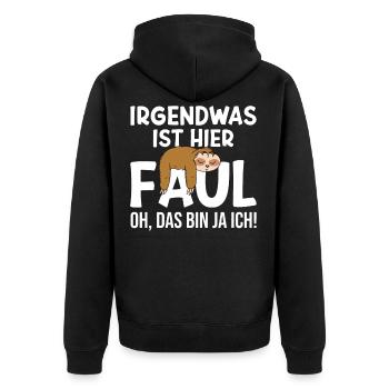 Irgendwas ist hier faul Faultier Faulenzer - Unisex Premium Bio Zip Hoodie - Schwarz - Hinten - Nico (187cm)