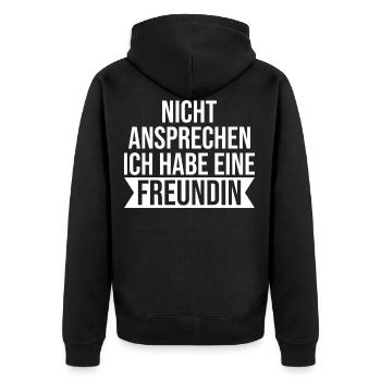 Bitte nicht ansprechen ich habe eine Freundin JGA - Unisex Premium Bio Zip Hoodie - Schwarz - Hinten - Nico (187cm)