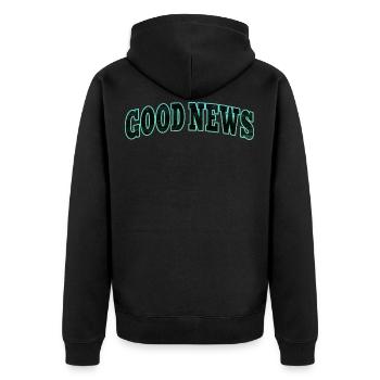 GOOD NEWS | Gute Nachrichten - Unisex Premium Bio Zip Hoodie - Schwarz - Hinten - Nico (187cm)