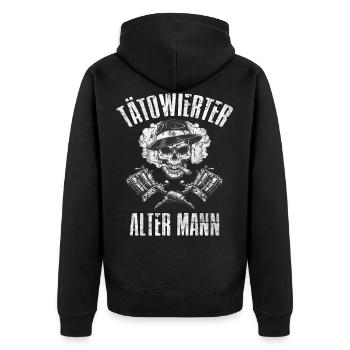 Tätowierter Alter Mann Fun Shirt Retro Washed Used - Unisex Premium Bio Zip Hoodie - Schwarz - Hinten - Nico (187cm)