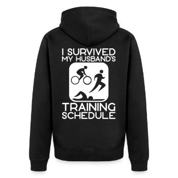 I Survived My Husband's Training Schedule - Unisex Premium Bio Zip Hoodie - Schwarz - Hinten - Nico (187cm)