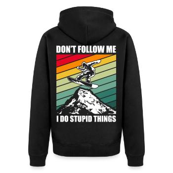 Snowboard Spruch – Don’t Follow Me - Unisex Premium Bio Zip Hoodie - Schwarz - Hinten - Nico (187cm)