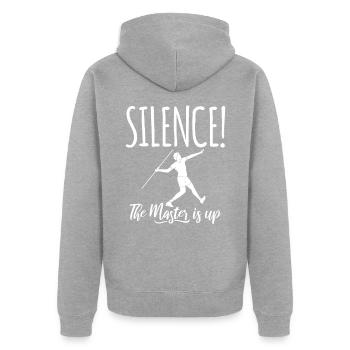 Silence! The Master is up! Speerwurf Speerwerfen - Unisex Premium Bio Zip Hoodie - Grau meliert - Hinten - Nico (187cm)