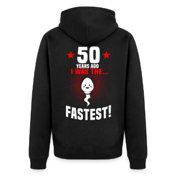 50ème anniversaire 50 ans en disant Drôle - Veste à capuche bio Premium Unisexe - noir - Dos - Nico (187cm)