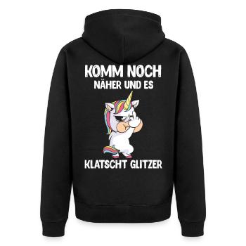 Einhorn, Komm noch näher und es klatscht Glitzer - Unisex Premium Bio Zip Hoodie - Schwarz - Hinten - Nico (187cm)