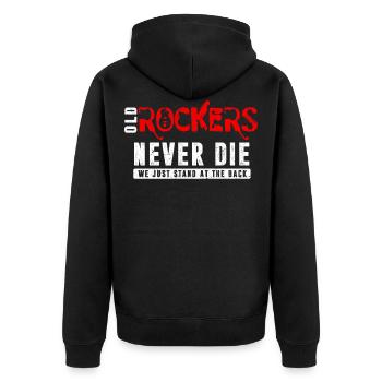 Old rockers never die, we just stand in the back - Unisex Premium Organic Zip Hoodie - black - Back - Nico (187cm)