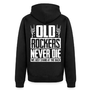 Old rockers never die, we just stand in the back - Unisex Premium Organic Zip Hoodie - black - Back - Nico (187cm)