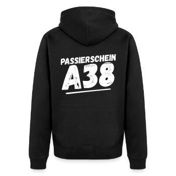 Passierschein A38 Ausgangssperre Home Office - Unisex Premium Bio Zip Hoodie - Schwarz - Hinten - Nico (187cm)