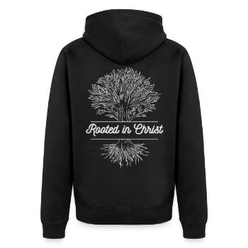 Rooted in Christ, Religious Christian - Unisex Premium Organic Zip Hoodie - black - Back - Nico (187cm)