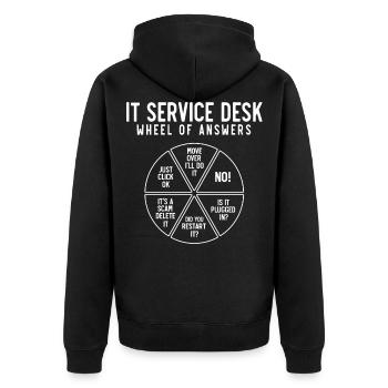 IT-Service-Desk-Rad Der Antworten - Unisex Premium Bio Zip Hoodie - Schwarz - Hinten - Nico (187cm)