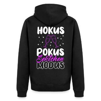 Hokus Pokus Sektchen Modus , Sekt - Unisex Premium Bio Zip Hoodie - Schwarz - Hinten - Nico (187cm)