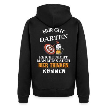 Nur darten reicht nicht, man muss Bier trinken - Unisex Premium Bio Zip Hoodie - Schwarz - Hinten - Nico (187cm)
