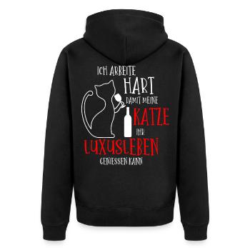 Ich arbeite hart damit meine Katze Luxusleben hat - Unisex Premium Bio Zip Hoodie - Schwarz - Hinten - Nico (187cm)