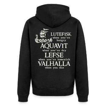Skandinavischer Poe, Wikinger, Lutefisk - Unisex Premium Bio Zip Hoodie - Schwarz - Hinten - Nico (187cm)