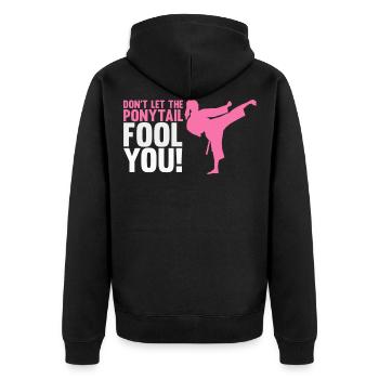 Karate-Mädchen, Karate-Sport - Unisex Premium Bio Zip Hoodie - Schwarz - Hinten - Nico (187cm)