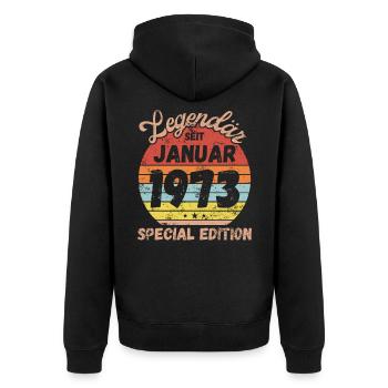 Januar 1973 - Geburtstag im Januar - Unisex Premium Bio Zip Hoodie - Schwarz - Hinten - Nico (187cm)