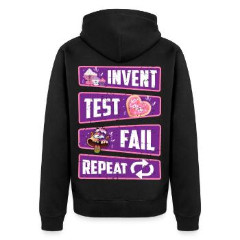 Erfinde, Teste, Scheitere, Wiederholen - Unisex Premium Bio Zip Hoodie - Schwarz - Hinten - Nico (187cm)
