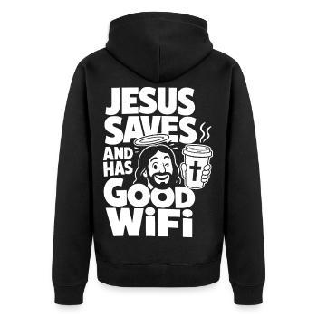 Jesus Saves And Has Good Wifi - Unisex Premium Organic Zip Hoodie - black - Back - Nico (187cm)