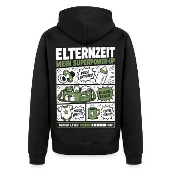 Elternzeit Mein Superpower-Up - Unisex Premium Bio Zip Hoodie - Schwarz - Hinten - Nico (187cm)