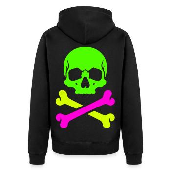 Neon Schädel Gekreuzte Knochen Bunter Pirat Skull - Unisex Premium Bio Zip Hoodie - Schwarz - Hinten - Nico (187cm)