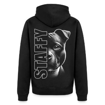 Staffordshire Bullterrier mit Staffy Schriftzug - Unisex Premium Bio Zip Hoodie - Schwarz - Hinten - Nico (187cm)