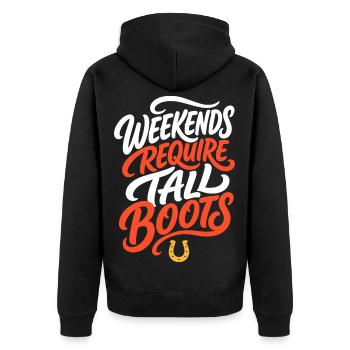Reiten – Weekends Require Tall Boots - Unisex Premium Bio Zip Hoodie - Schwarz - Hinten - Nico (187cm)