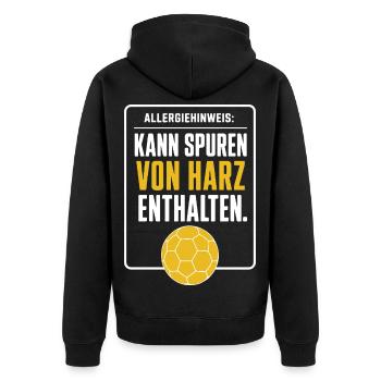Allergiehinweis Handball – Spuren von Harz - Unisex Premium Bio Zip Hoodie - Schwarz - Hinten - Nico (187cm)
