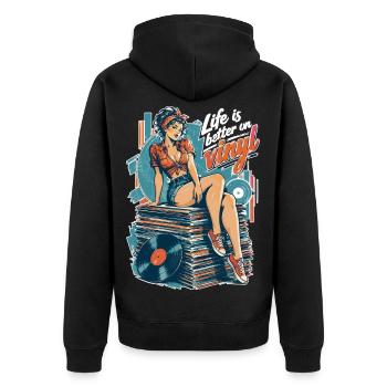 Life is better on vinyl - Pin-Up & Sneaker - Unisex Premium Bio Zip Hoodie - Schwarz - Hinten - Nico (187cm)