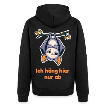 Ich häng hier nur ab – Fledermaus kopfüber - Unisex Premium Bio Zip Hoodie - Schwarz - Hinten - Nico (187cm)