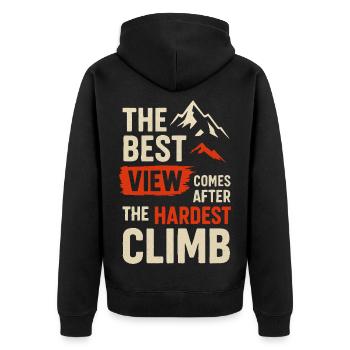 Beste Aussicht, härtester Aufstieg - Unisex Premium Bio Zip Hoodie - Schwarz - Hinten - Nico (187cm)
