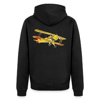 Gelber Doppeldecker mit signalroten Streifen - Unisex Premium Bio Zip Hoodie - Schwarz - Hinten - Nico (187cm)