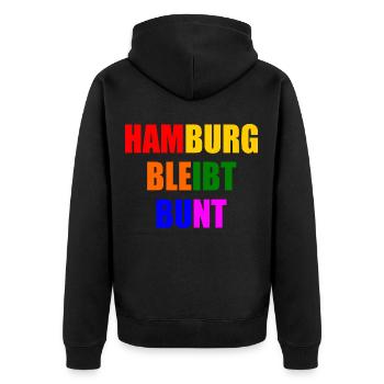 hamburg bleibt bunt - Unisex Premium Bio Zip Hoodie - Schwarz - Hinten - Nico (187cm)