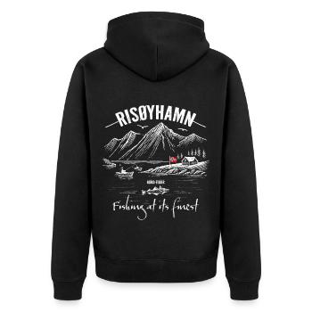 Fishing at its finest - RISØYHAMN - Norway - Unisex Premium Organic Zip Hoodie - black - Back - Nico (187cm)