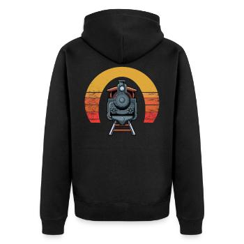 MODELLEISENBAHN im Retro Sonnen-Tunnel - Unisex Premium Bio Zip Hoodie - Schwarz - Hinten - Nico (187cm)