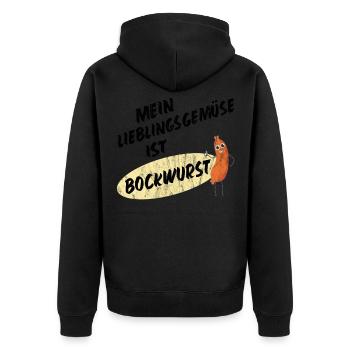 Mein Lieblingsgemüse ist Bockwurst 1- Sausage - Unisex Premium Bio Zip Hoodie - Schwarz - Hinten - Nico (187cm)