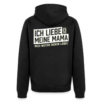 Ich liebe es wenn meine Mama mich zocken läßt - Unisex Premium Bio Zip Hoodie - Schwarz - Hinten - Nico (187cm)