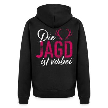 Junggesellenabschied Die Jagd ist vorbei - Unisex Premium Bio Zip Hoodie - Schwarz - Hinten - Nico (187cm)