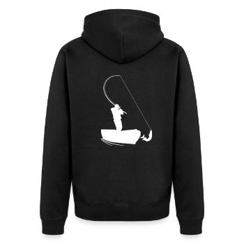 Angler drillt einen Hecht vom Boot weiß - Unisex Premium Bio Zip Hoodie - Schwarz - Hinten - Nico (187cm)