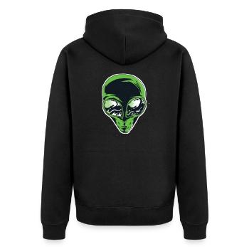 Alien Kopf mit großen Traurigen Augen in Grün - Unisex Premium Bio Zip Hoodie - Schwarz - Hinten - Nico (187cm)