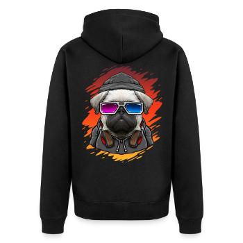 Hund Mops mit Musik DJ - Unisex Premium Bio Zip Hoodie - Schwarz - Hinten - Nico (187cm)