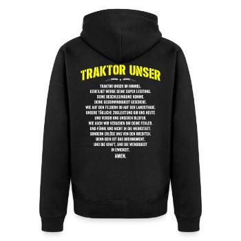 Traktor Unser T Shirt Bauer Landwirt Spruch - Unisex Premium Bio Zip Hoodie - Schwarz - Hinten - Nico (187cm)