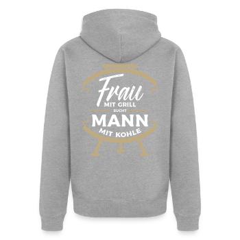 Frau mit Grill Sucht Mann mit Kohle Grillen Gr - Unisex Premium Bio Zip Hoodie - Grau meliert - Hinten - Nico (187cm)