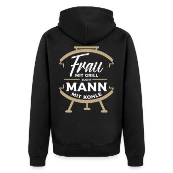 Frau mit Grill Sucht Mann mit Kohle Grillen Gr - Unisex Premium Bio Zip Hoodie - Schwarz - Hinten - Nico (187cm)
