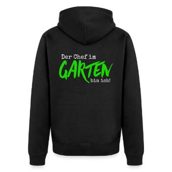 Der Chef im Garten bin ich, Gärtner Geschenkidee - Unisex Premium Bio Zip Hoodie - Schwarz - Hinten - Nico (187cm)