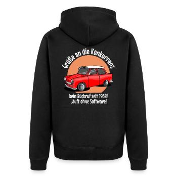 Grüße an die Konkurrenz kein Rückruf 1958 Trabi - Unisex Premium Bio Zip Hoodie - Schwarz - Hinten - Nico (187cm)