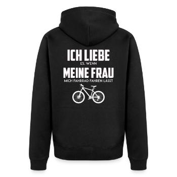 Ich liebe es wenn meine Frau mich Fahrrad fahren - Unisex Premium Bio Zip Hoodie - Schwarz - Hinten - Nico (187cm)