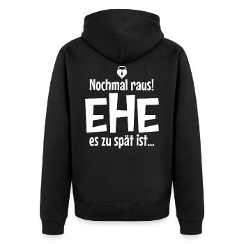 Raus Ehe es zu spät ist, Junggesellenabschied - Unisex Premium Bio Zip Hoodie - Schwarz - Hinten - Nico (187cm)