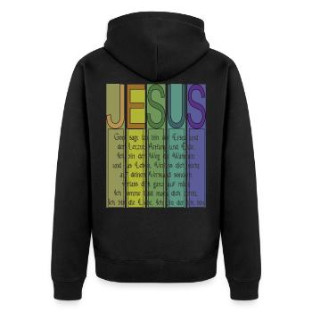 Jesus ich bin der ich bin - Unisex Premium Bio Zip Hoodie - Schwarz - Hinten - Nico (187cm)